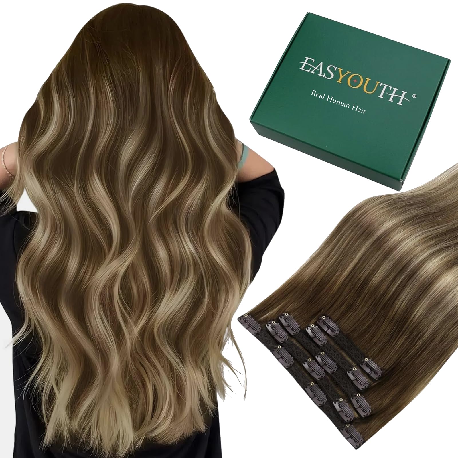 Easyouth Clip in Human Hair Extensions Brown Balayage Clip in Extensions Real Human Hair Ombre Brown to Honey Blonde Real Hair Extension Clip in Easy to Apply 14Inch 70g 5Pcs #4/27/4