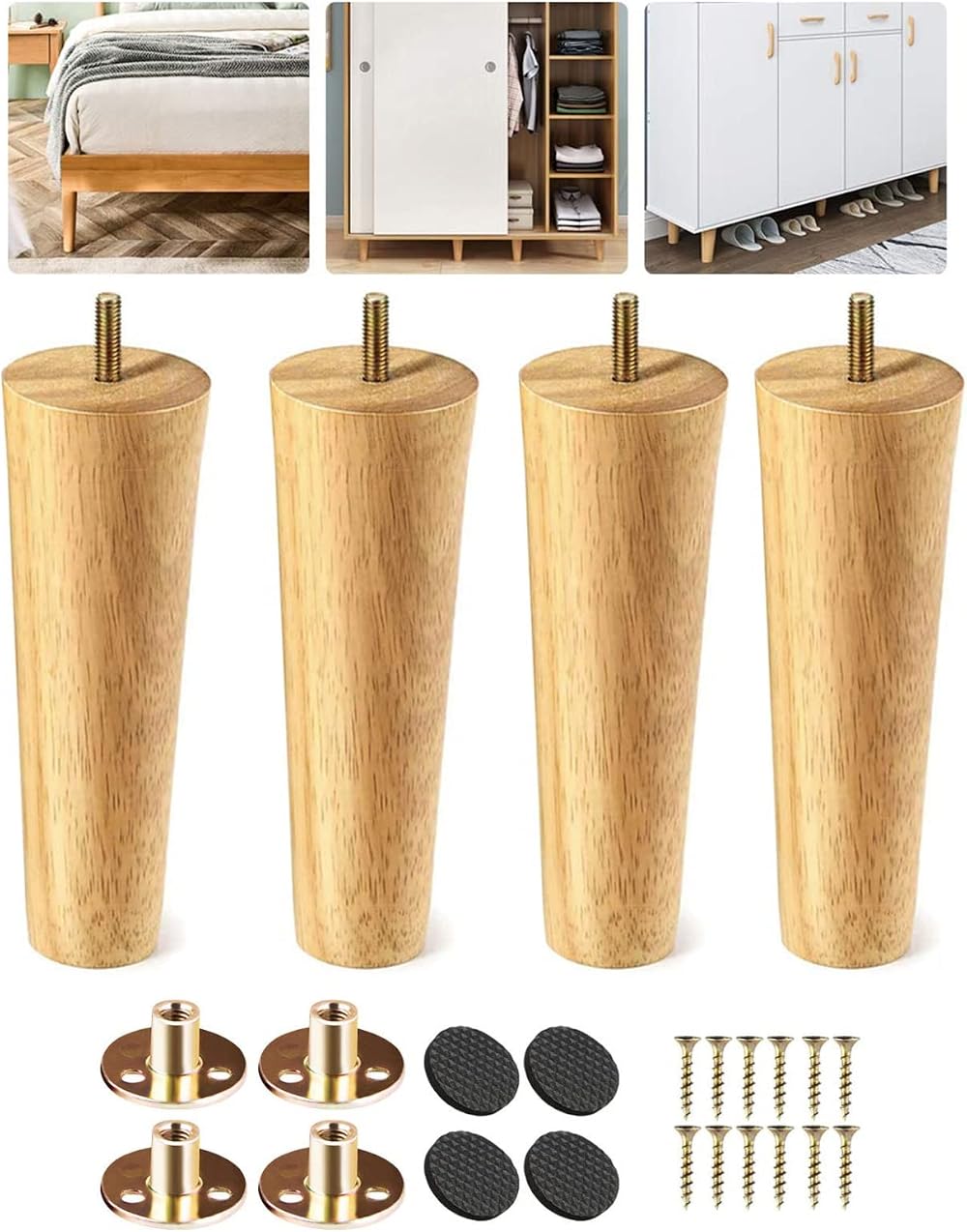 Eidoct Solid Wood Furniture Legs 8 inch M8 Bolts Rubber Pads