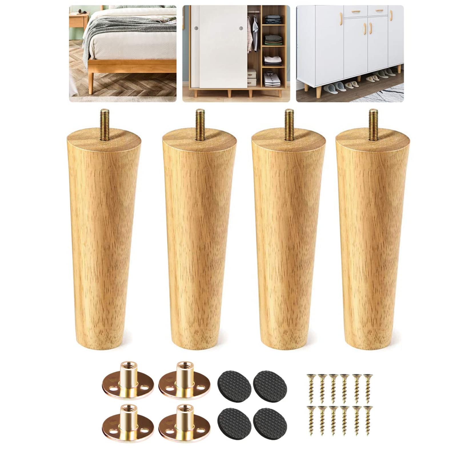 Eidoct Solid Wood Furniture Legs - Cabinet, Table, Chair & Dresser Replacement Legs with Rubber Protection Pads & Pre-Drilled M8 Bolts (8" / 20cm)