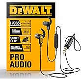 DEWALT Wired Earphones with Mic, S/M/L Ear Tips, 3.5mm Jobsite Headphones, Water-Resistant Earbuds for iPhone 6S Plus, Galaxy
