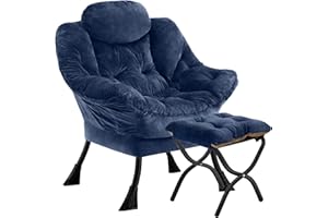 Congermom Lazy Chair with Folding Ottoman,Leisure Sofa Chair,Soft Fabric Armchair with Armrests and Side Pockets, Reading Chair with Footrest for Living Room, Bedroom, Office (Plush Navy)