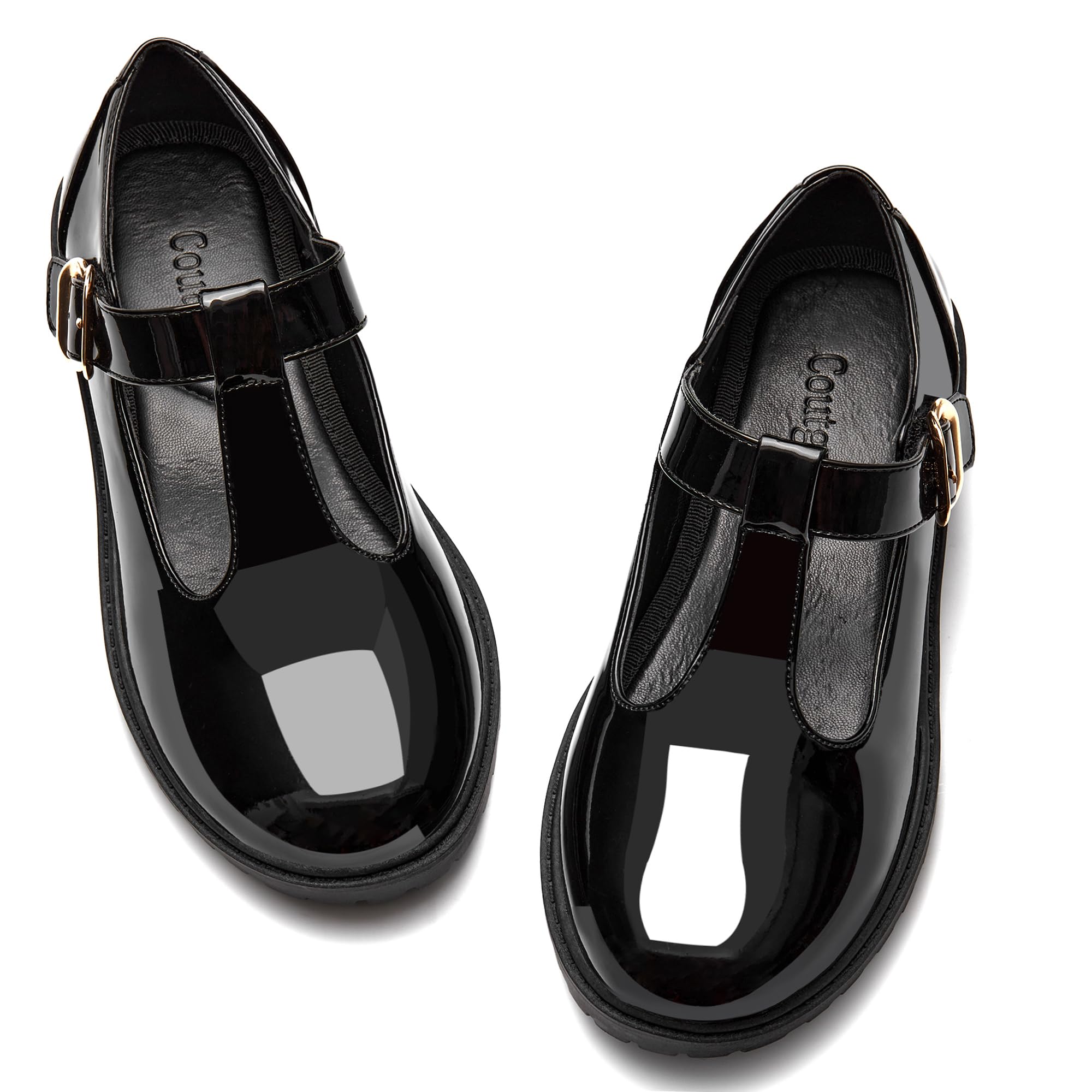 Coutgo Girls Mary Jane Dress Shoes Platform Loafers School Uniform Chunky Heel Closed Toe T-Strap Flats