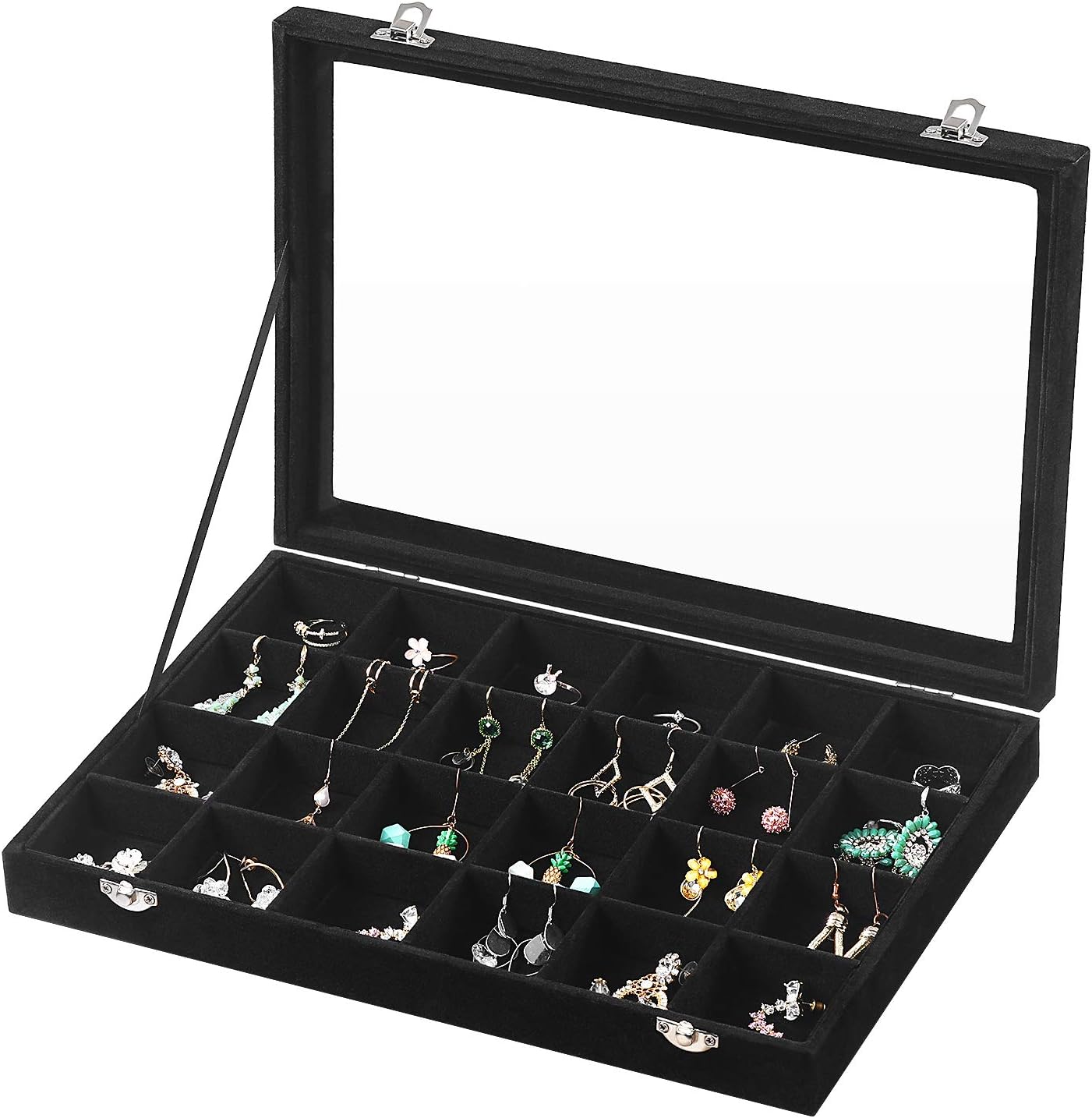SONGMICS Jewelry Box Display Case with a Clear Glass Window and 24 Compartments, Black: Furniture & Decor