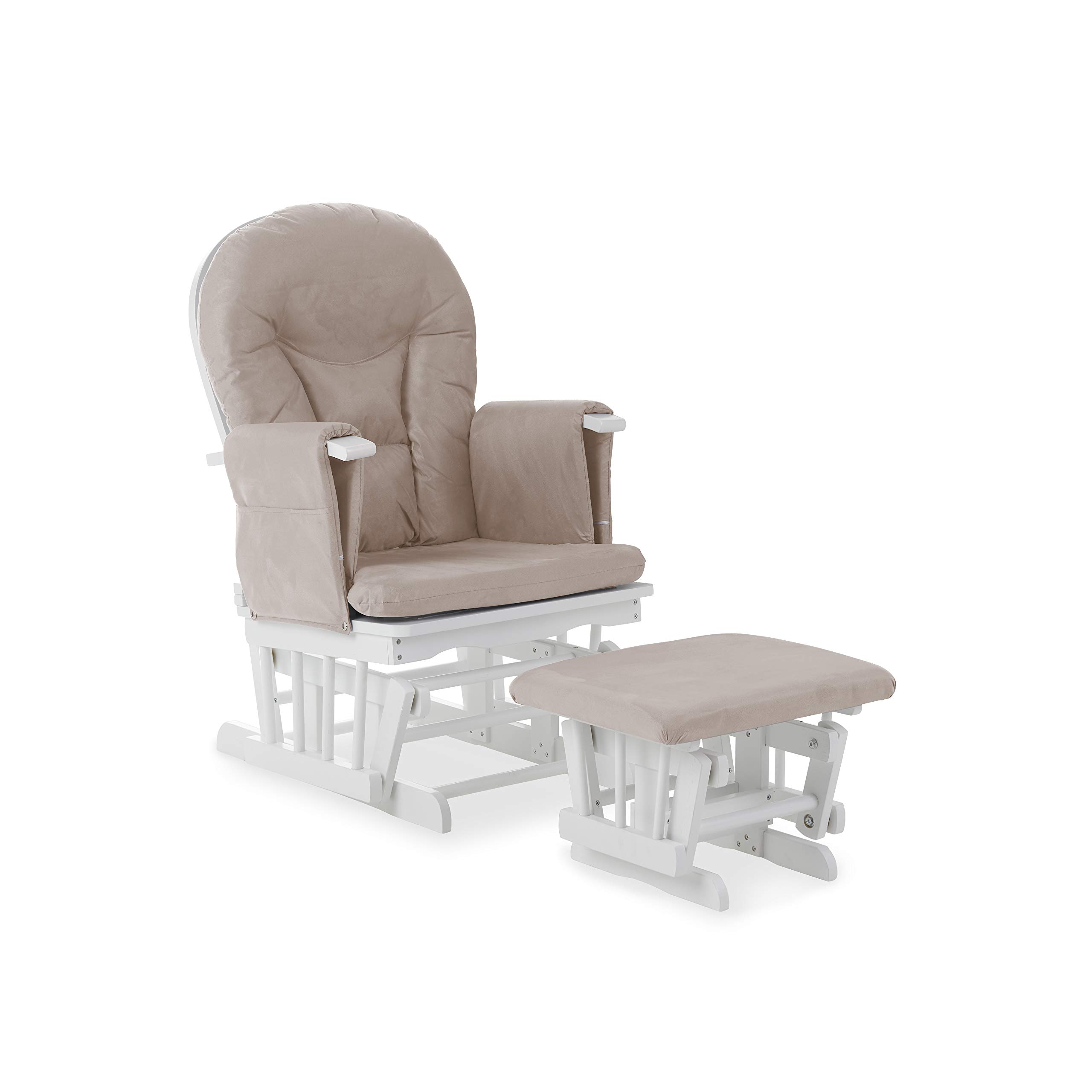 Obaby Reclining Glider Chair with Matching Stool – White & Sand – Comfortable Nursery Feeding and Relaxation Chair