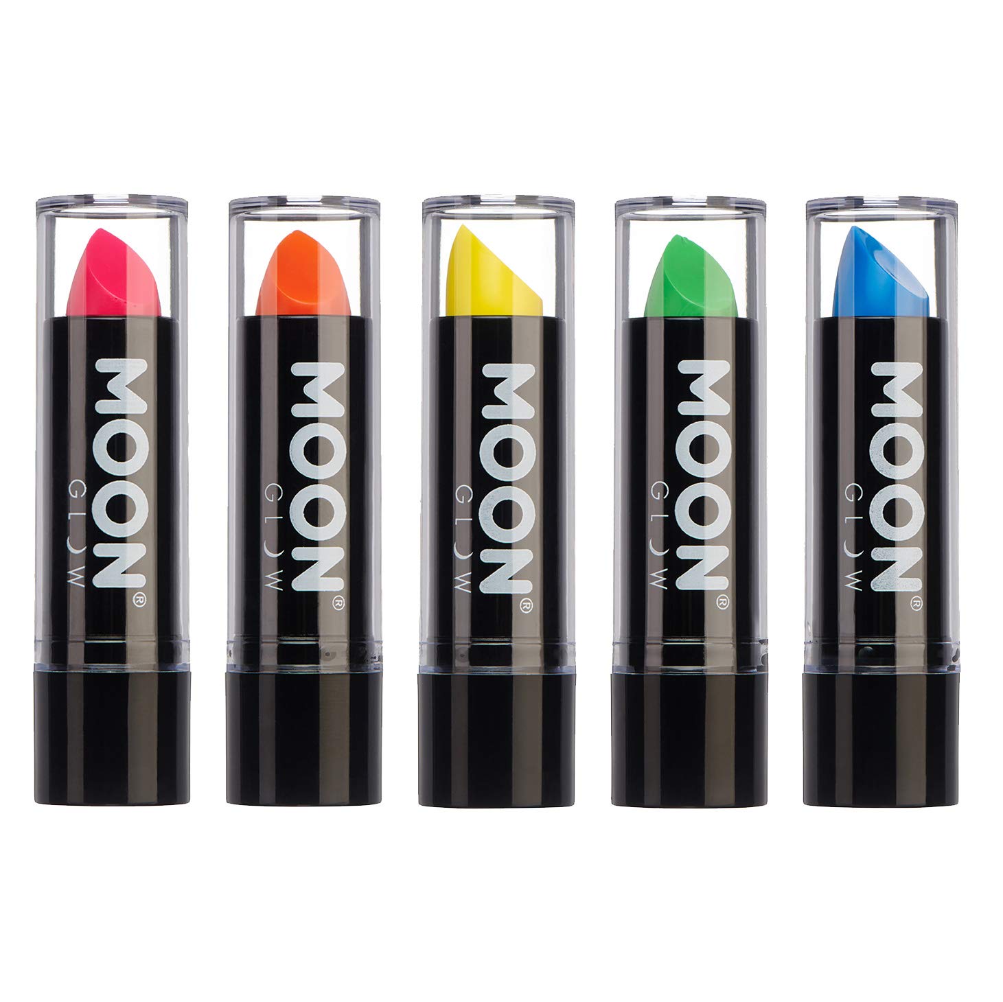Neon UV Lipstick by Moon Glow - Intense set of 5 colours - Bright Neon Coloured Lipstick - Glows under UV