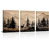 WELMECO Deer Wall Art Log Cabin Decor Rustic Farmhouse Bedroom Bathroom Living Room Decor 12"x16" x 3Pieces,Framed Canvas Wall Art
