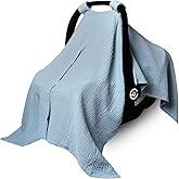 Muslin Car Seat Cover for Babies, Baby Carseat Cover for Boys Girls, Breathable Infant Car Seat Canopy, Multiuse Baby Carrier Cover & Nursing Breastfeeding Cover(Blue)