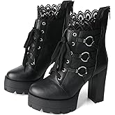 FOREADA Black High Heel Boots For Women Platform Goth Chunky Heeled Boot Combat Booties Lace Up Ankle Boot with Zipper