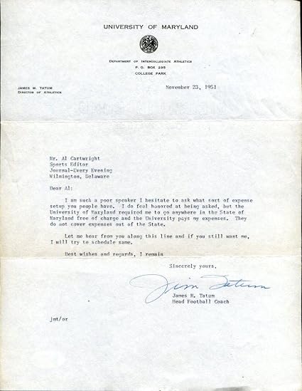 Big Jim Tatum Signed Tls Letter Autographed Maryland