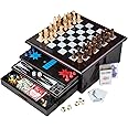 Board Game Set - Deluxe 15 in 1 Tabletop Wood-accented Game Center with Storage Drawer (Checkers, Chess, Chinese Checkers, Parcheesi, TicTacToe, SOlitaire, Snakes and Ladders, Mancala, Backgammon, Poker Dice, Playing Cards, Go Fish, Old Maid, and Dominos)
