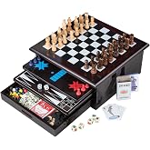 Board Game Set - Deluxe 15 in 1 Tabletop Wood-accented Game Center with Storage Drawer (Checkers, Chess, Chinese Checkers, Parcheesi, TicTacToe, SOlitaire, Snakes and Ladders, Mancala, Backgammon, Poker Dice, Playing Cards, Go Fish, Old Maid, and Dominos)