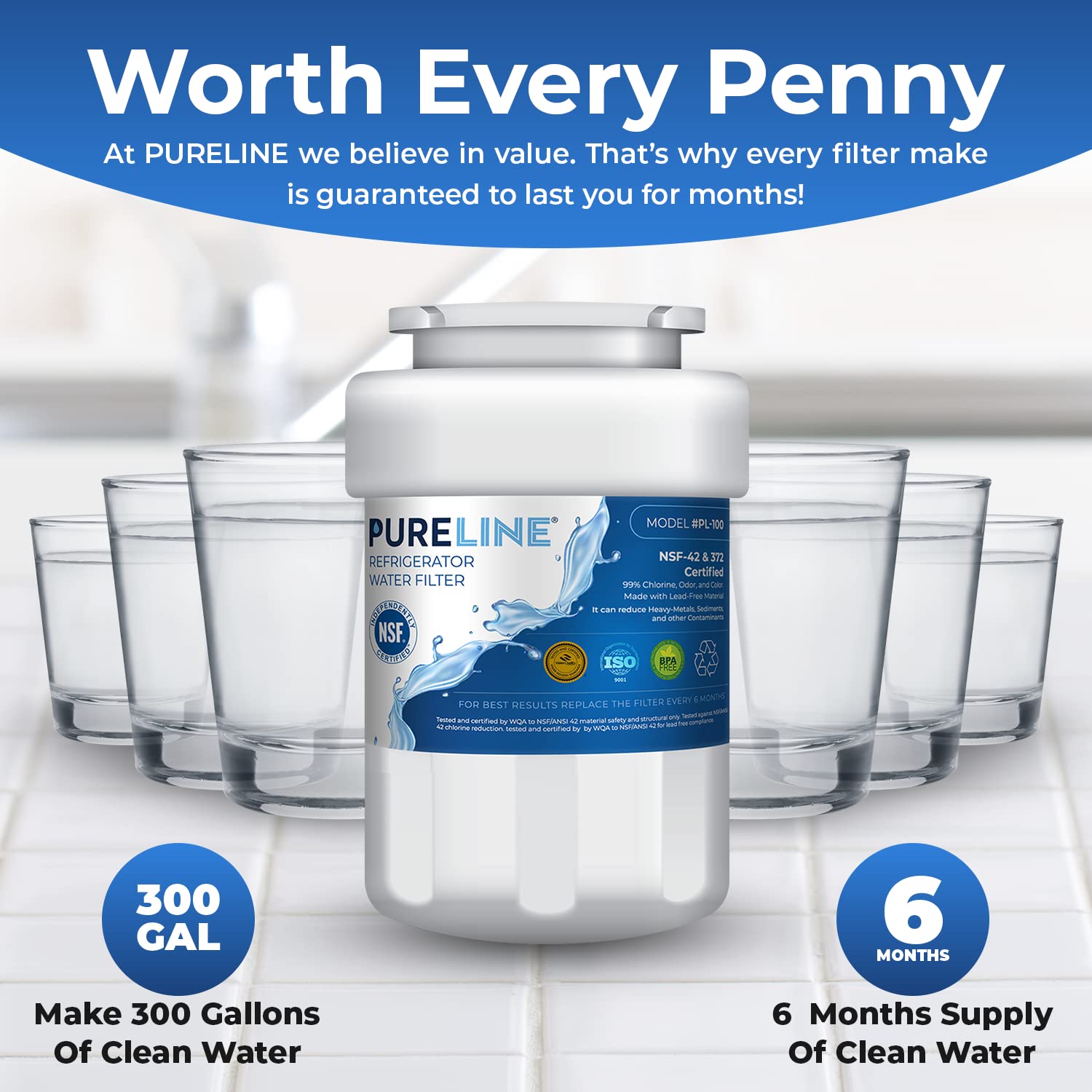 Pureline Replacement for MWF Water Filter, Smartwater MWFP, Kenmore 46-9991, Models MWFP, MWFINT, GWF, GWFA, Refrigerator Water Filter. NSF Certified. (3 Pack)