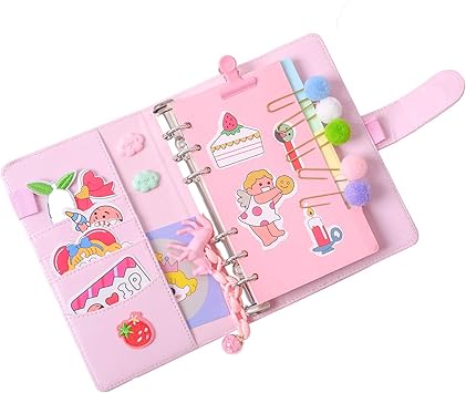 Amazon Feilikaシステム手帳 リングノートメモ帳 可愛いバインダー手帳 Diyシールpuレザーカバー 収納ポケット しおり付き 方眼 横罫線 萌え萌え ギフトセット手帳 ピンク システム手帳 文房具 オフィス用品