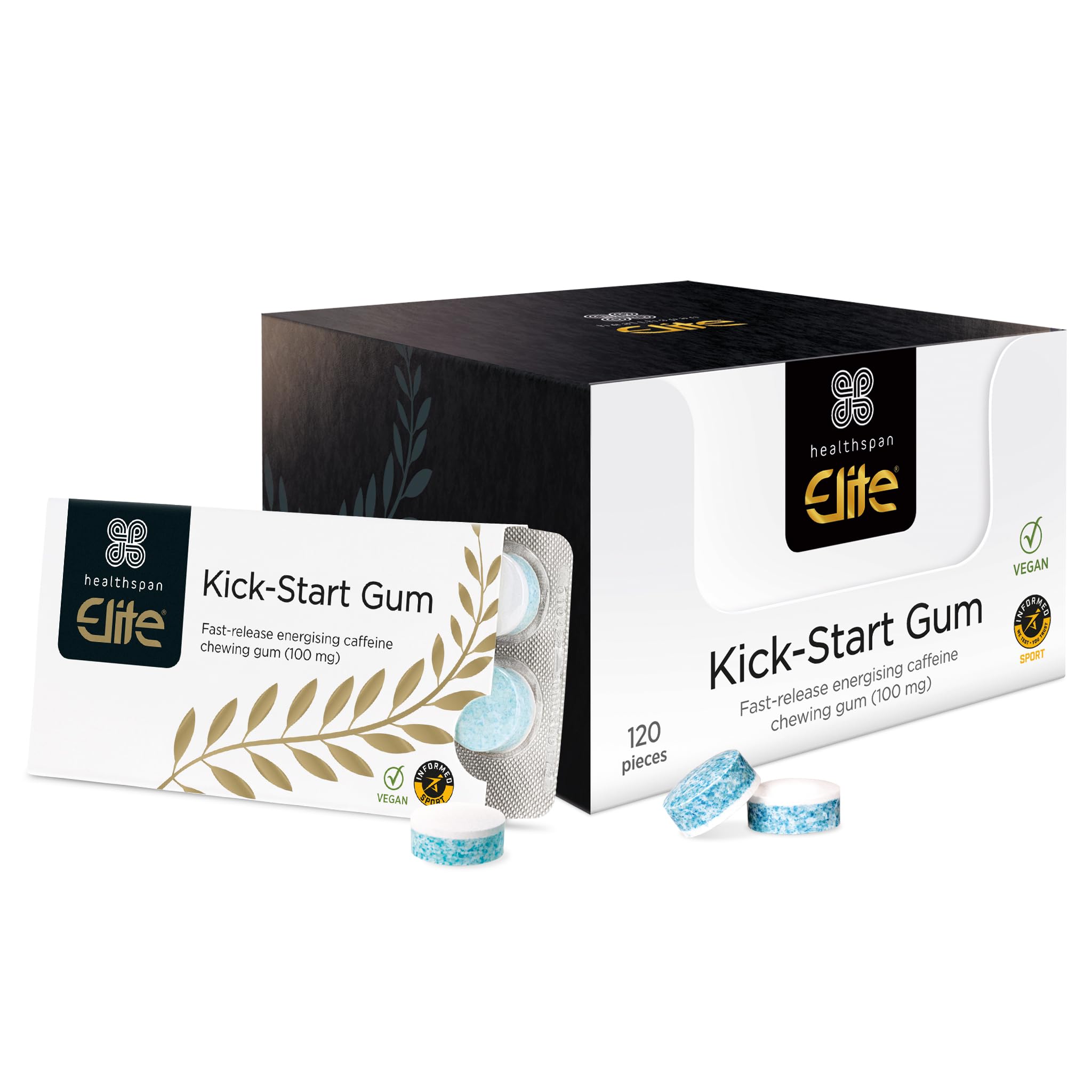 Healthspan Elite Caffeine Chewing Gum | 100mg Fast-Release Caffeine | All Blacks Official Partner | Informed Sport Accredited | Energy | Mint Flavoured | Vegan (120 Pieces) โ image 1