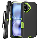 JGS for iPhone 16 Case 6.1", Military Grade 3 in 1 Heavy Duty Shockproof/Drop Proof Case with 2 PCS Tempered Glass Screen Protector, Includes Holster Clip Kickstand (Black Green)
