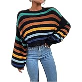 MakeMeChic Women's Striped Sweater Crew Neck Lantern Sleeve Pullovers Crop Tops