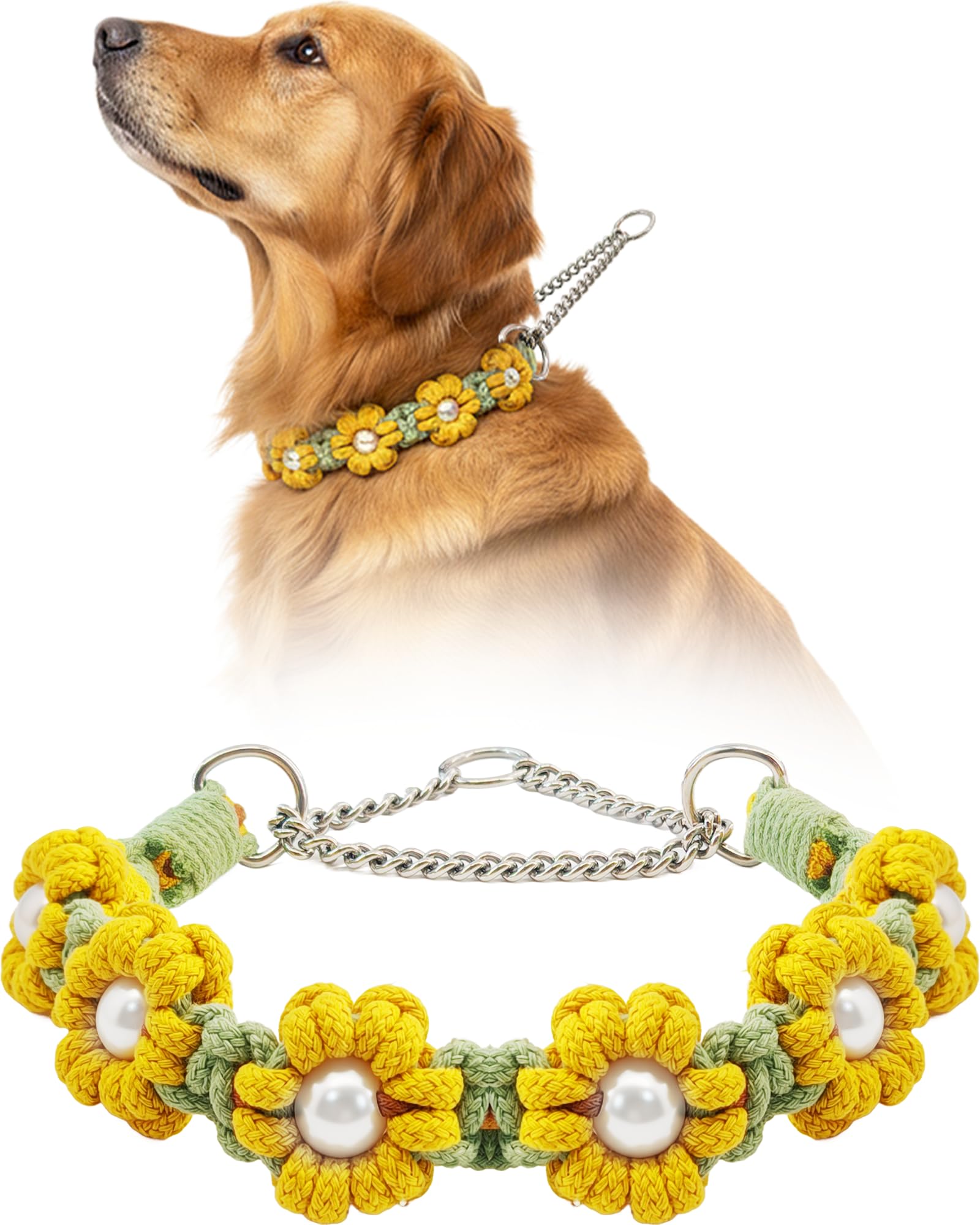 Photo 1 of *MINOR DAMAGE - USED*
Hosiwei Boho Style Handmade Braided Cotton Daisy Dog Collar - Adjustable Sliding Ring with Flowers Pearls | Decorative Bohemian Pet Fashion Necklace Accessories for Daily Wear & Party