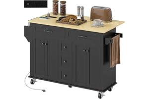 HOMCOM 55" Kitchen Island with Power Outlet & Drop Leaf, Rolling Kitchen Cart on Wheels with 5 Drawers, 2 Adjustable Shelves,