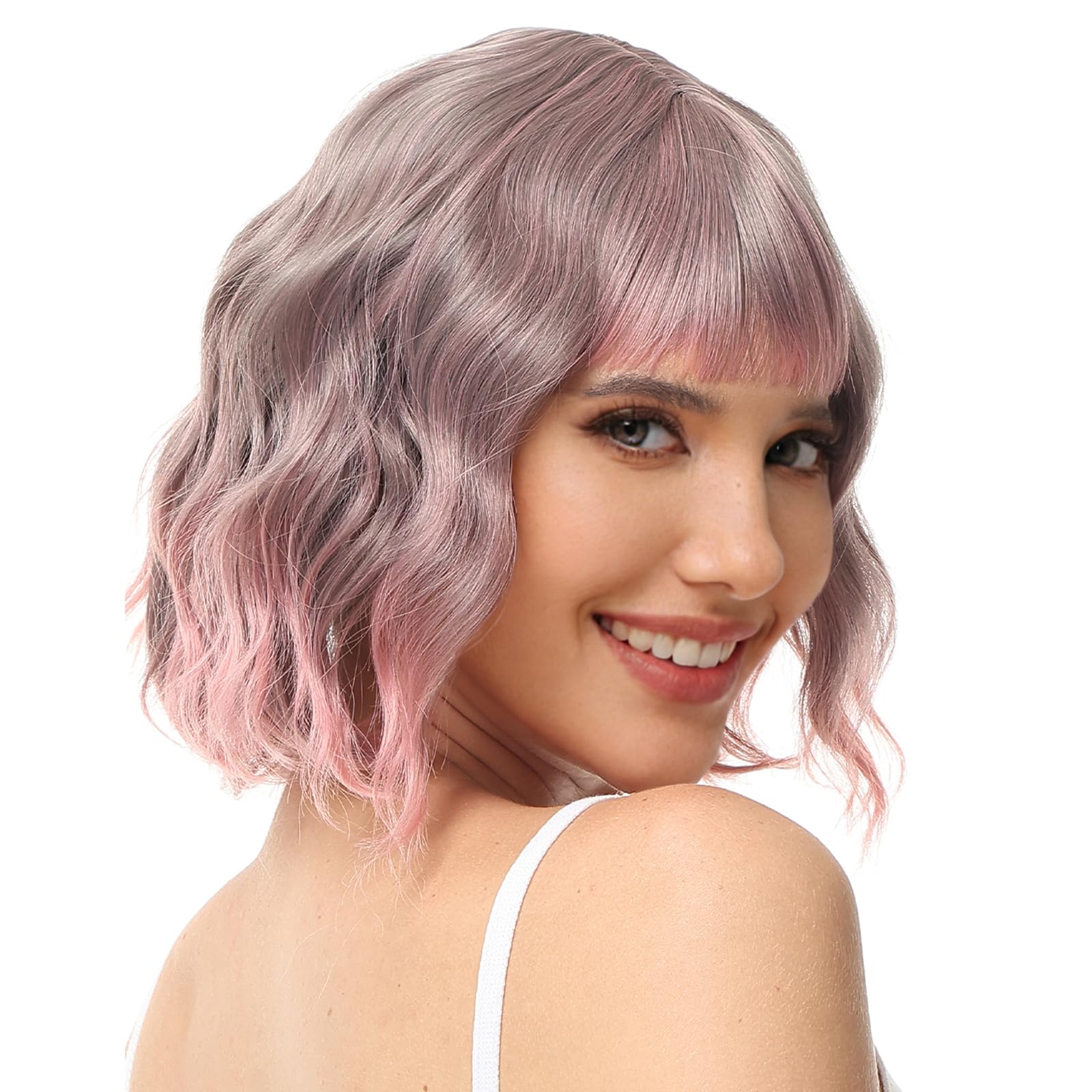 BUYOGET Wavy Bob Wig with Bangs Synthetic Hair Shoulder Length 12 Inch Short Curly Wigs for Women Natural Ombre Pink — image 1