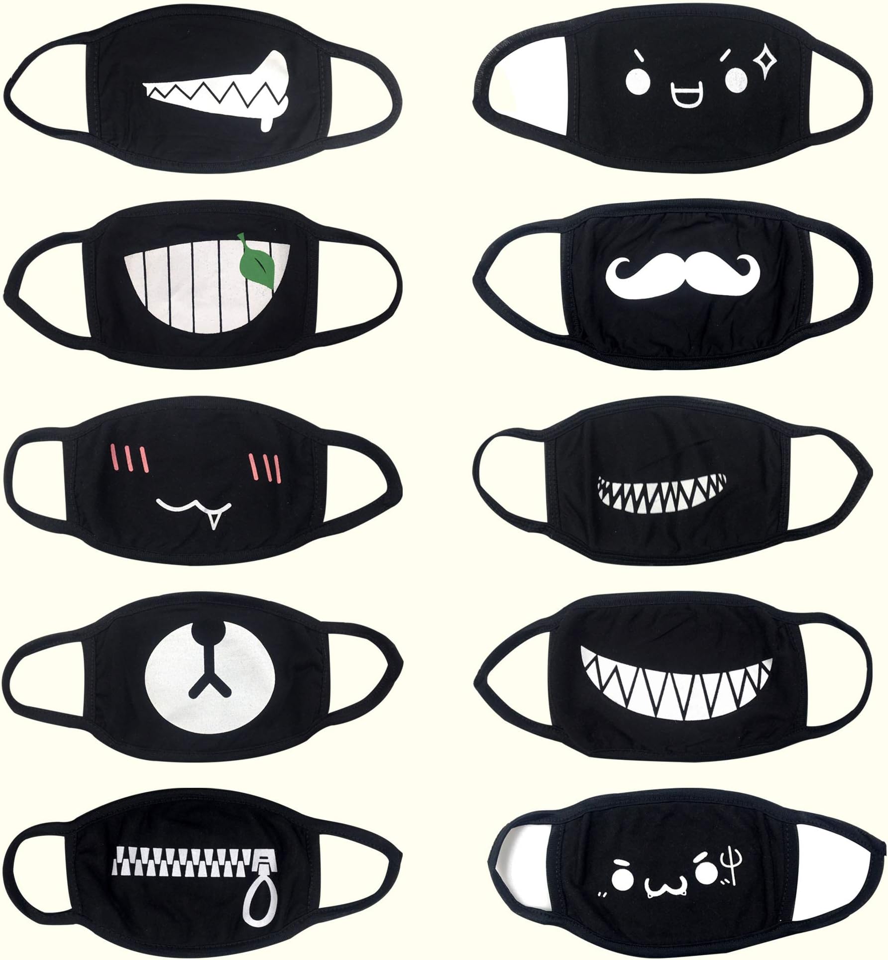 Mouth Face Mask 10Packs Lovely Pure Cotton Black Dust Mask Animation Cotton Mask for Men and Women Suitable for Use By Teenagers
