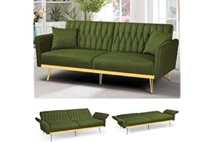 ACMEASE 70” Velvet Futon Sofa Bed w/Adjustable Armrests & 2 Pillows, Convertible Futon Couch w/Adjustable Backrests, Modern Sleeper Bed for Living Room, Bedroom, Olive Green