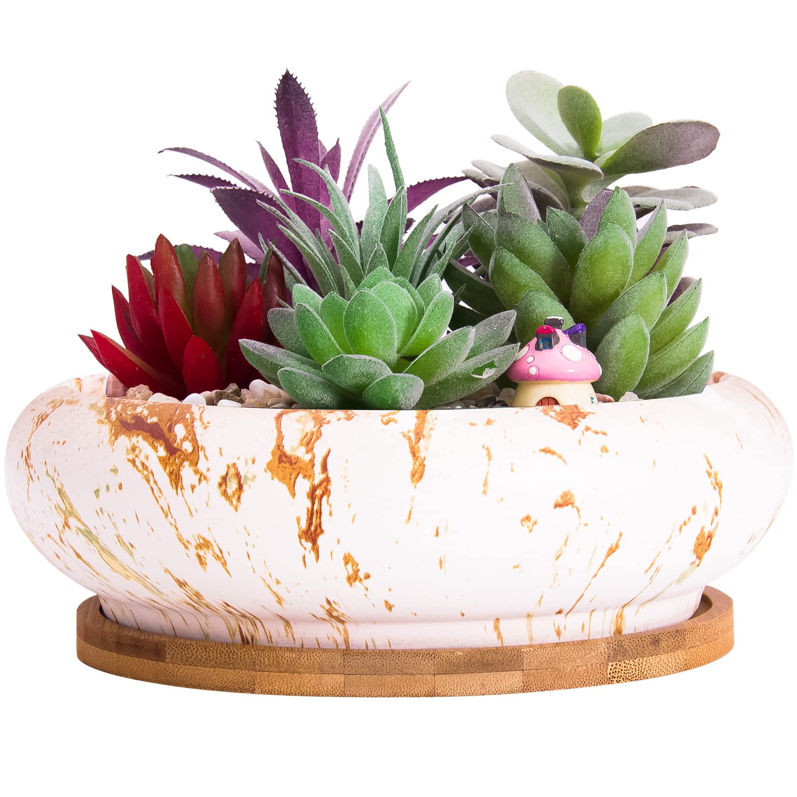 ARTKETTY Succulent Plant Pots, 18.5CM Large Bonsai Pot with Drainage Tray Marble Cactus Plant Pot Ceramic Pots for Indoor/Outdoor Flower Plants Shallow Planter Container Bowl for Home Office Decor