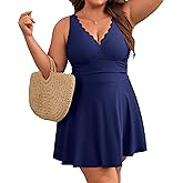 Charmo Women Plus Size Swimdress One Piece Swimsuit Ruched Tummy Control Bathing Suit Scalloped V Neck Flowy Swimwear