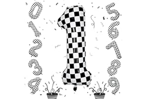 ISNDARE Checkered Number Balloon 1, Large Self Inflating Black and White Number 1 Balloon Decor, 40 Inch Helium Foil 1 Racing Balloons for Girls Boys 1st Birthday Fast Race Car Flag Party Decorations Supplies