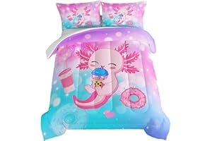 HOSIMA Axolotl Twin Comforter Set Cute Animal Bedding Room Decor for Teen Girls Dessert Milk Tea Donut Bed Princess Toddler Bedding Set Fantasy Blue Purple Twin Bed in a Bag Sets for Adults Teens.