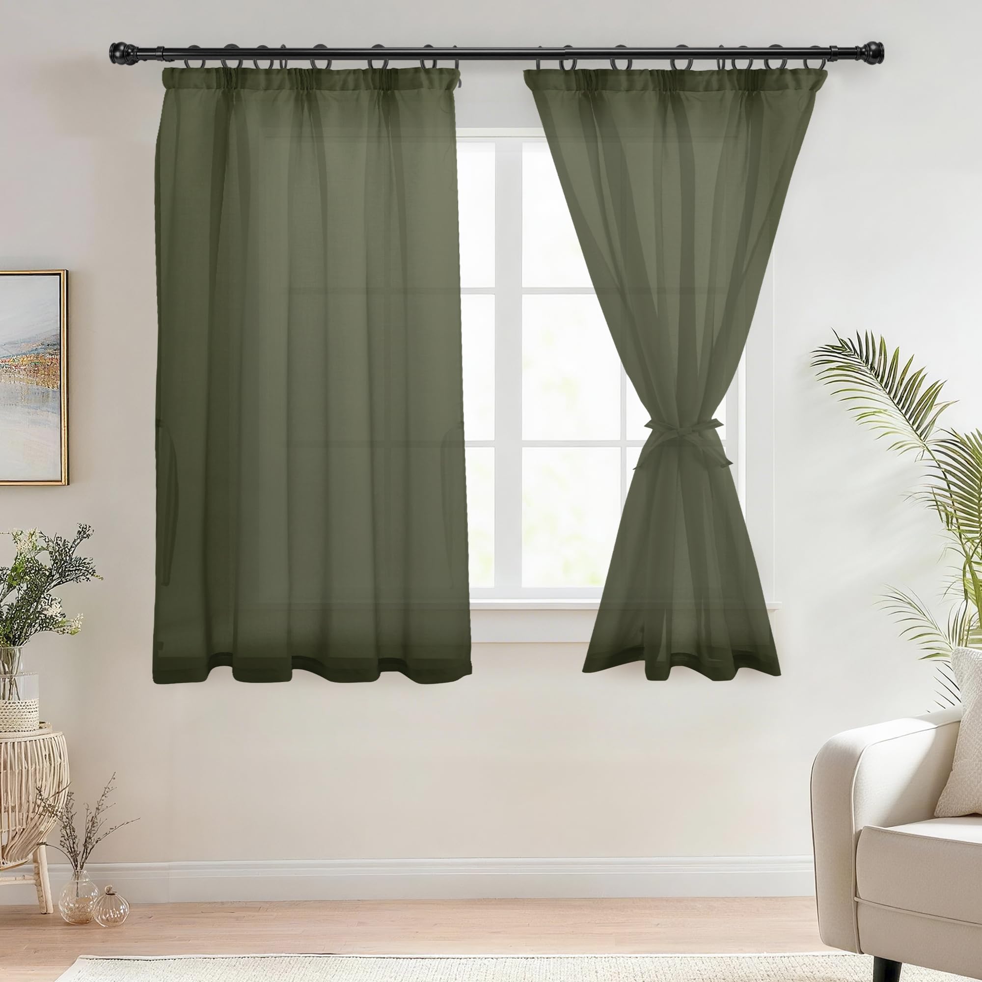 DWCN Voile Curtain Pencil Pleat Curtains with Tiebacks 54 Drop Sheer Curtains for Living Room Rod Pocket 2 Panels, Olive Green, W46 x L54 Inch