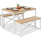 3-Piece Bench Dining Set – 45.5 Inch Table With 2 Benches For 4 People, Space-Saving Light Brown/Black Furniture For Kitchen