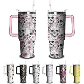 40oz Skull Tumbler with Handle and Straw, Skeleton Gothic Floral Stainless Steel Insulated Cup with Lid and Straw, Horror Travel Coffee Mug Water Bottle, Birthday Halloween Gifts for Women Men