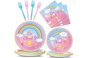CHIAZLLTA 96 Pcs On Cloud 9 Birthday Decorations for Girls On Cloud 9 Party Plates and Napkins Supplies 9th BirthdayTableware Set Rainbow Themed Party Favors Serves 24 Guests