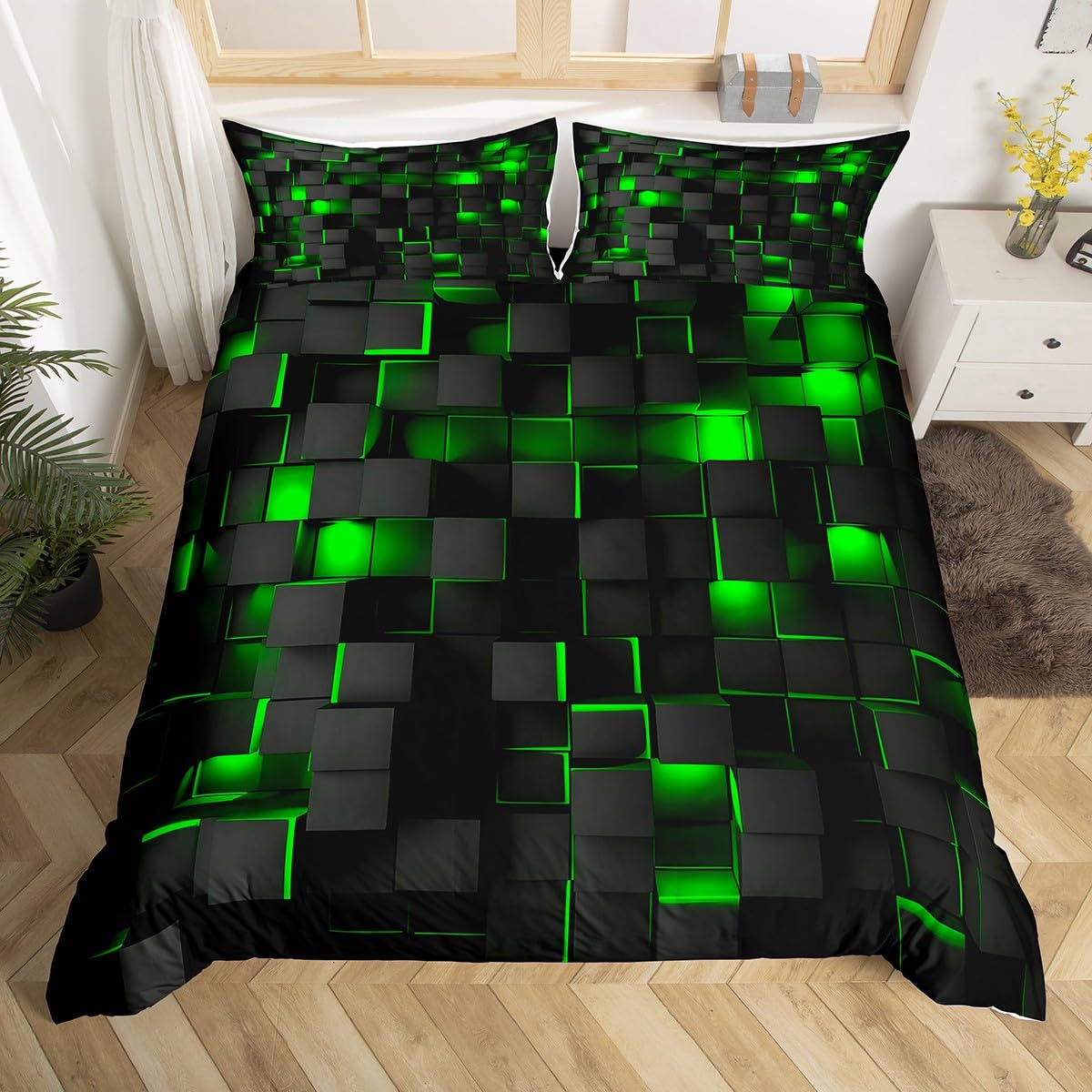 Loussiesd Green and Black Bedding Duvet Cover Set Single Size Kids Light Geometric Bedding Set Comforter Cover Set for Room Decor Modern Bedspread Cover with 1 Pillow Case — image 1