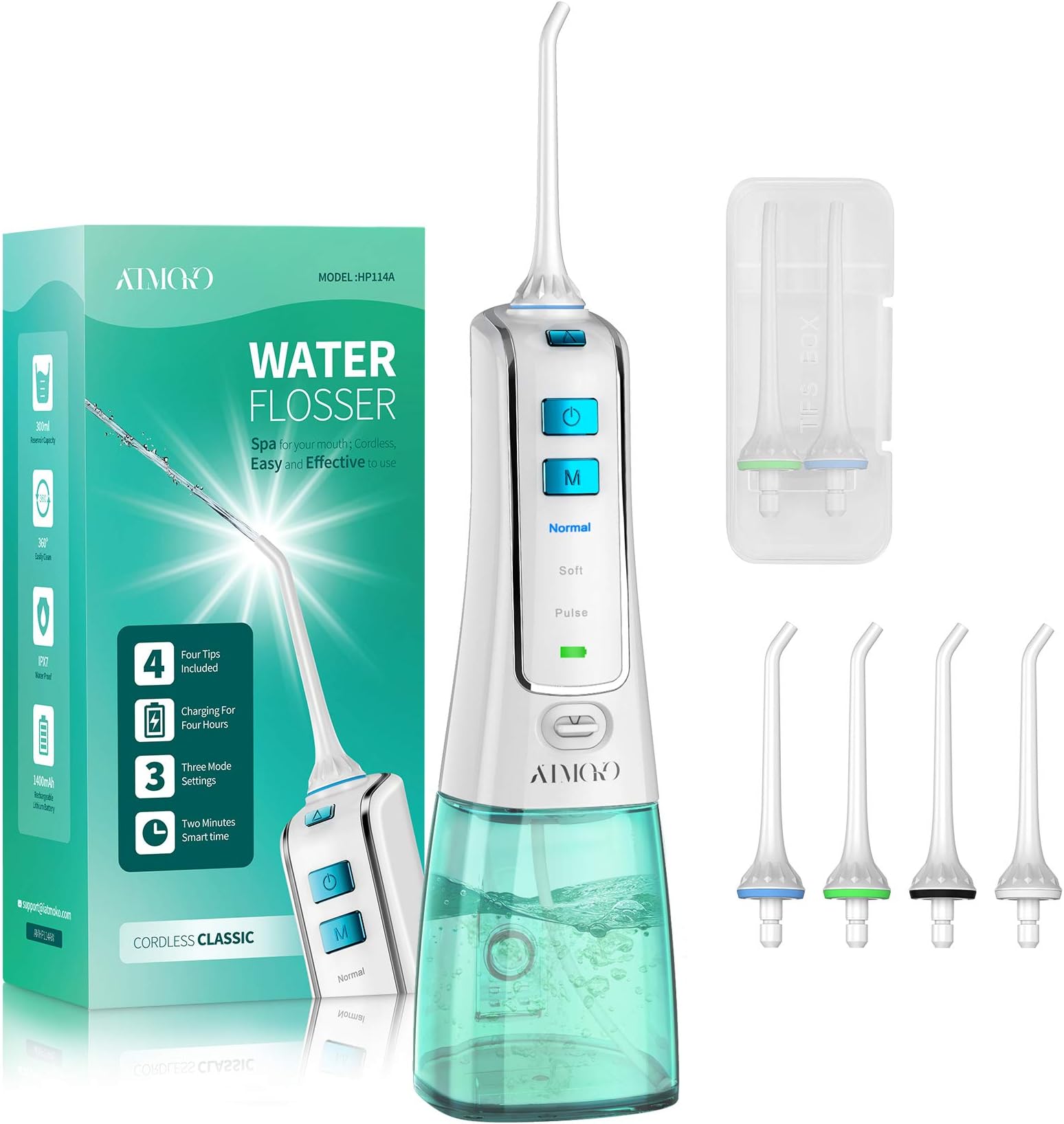 Cordless Water Flosser, ATMOKO 300ML Cordless Dental Oral Irrigator with 4 Tips and Travel Bag, IPX7 Waterproof with 3 Modes, Oral Irragator for Travel, Home & Shower, Braces & Bridges Care