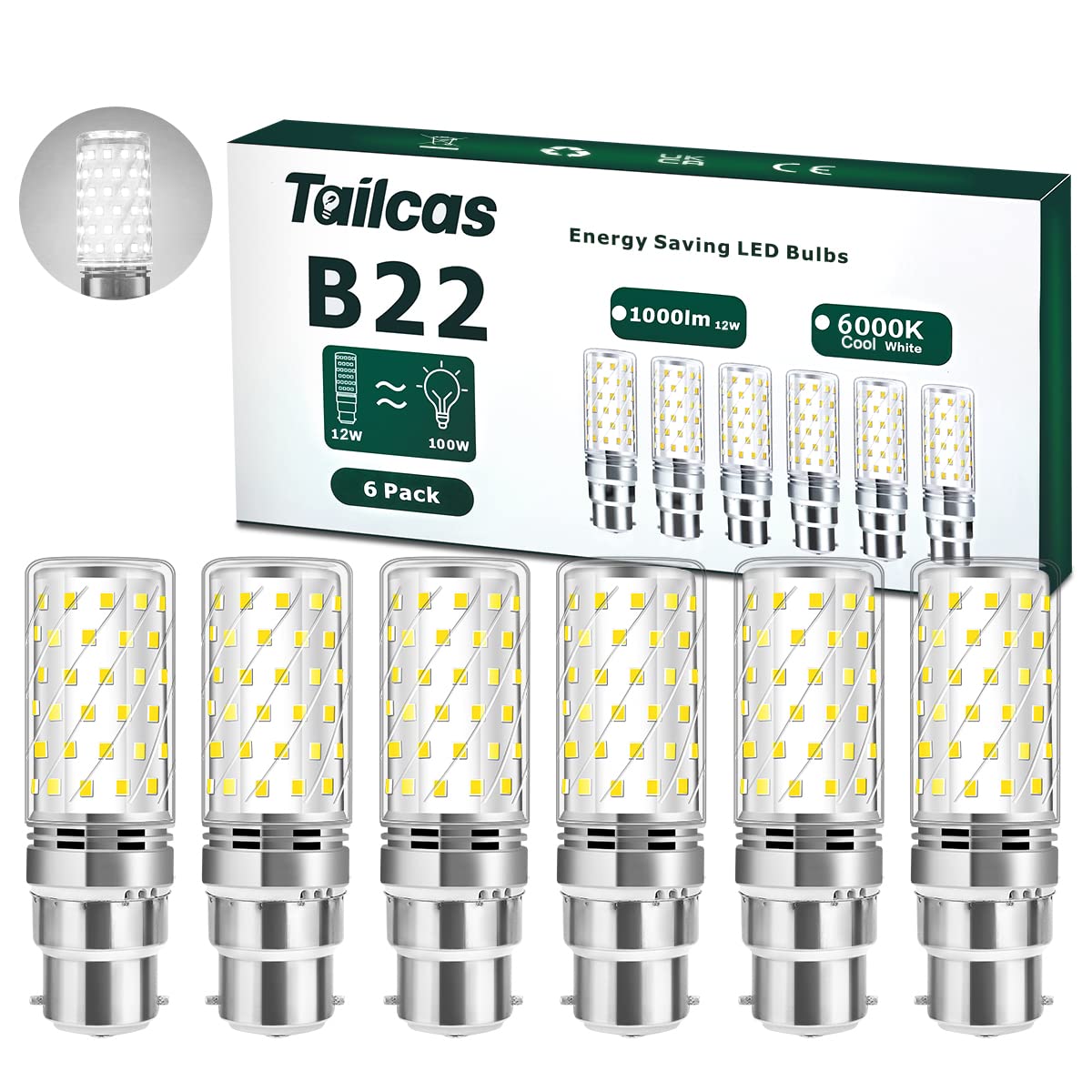 Tailcas B22 LED Bayonet Light Bulbs, 12W Bayonet LED Bulb 6000K Daylight White (Equivalent 100W 150W), 1000Lumen, Not Dimmable,230V Bayonet Cap Energy Saving Bulbs for Home Lighting, Pack of 6