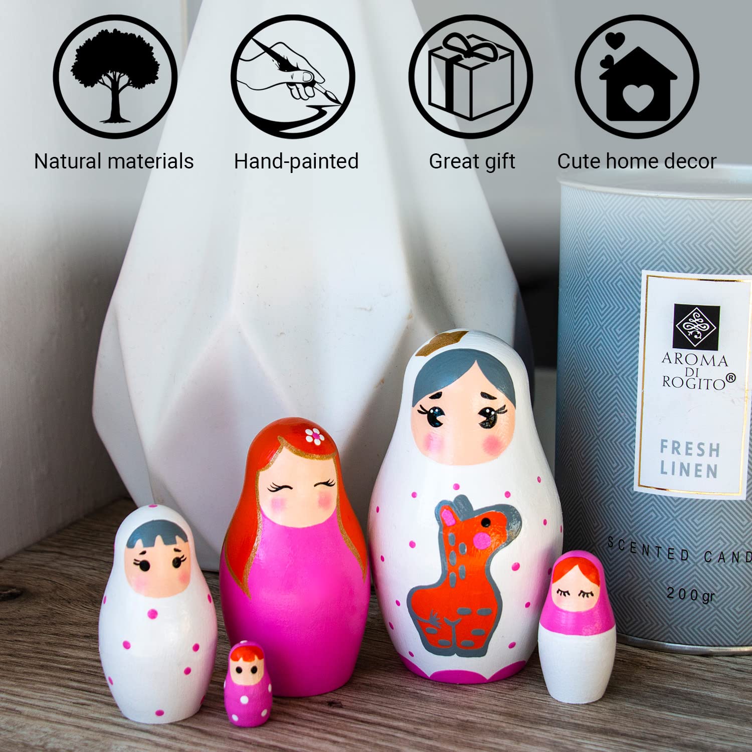 AEVVV Pink Russian Nesting Dolls for Set of 5 pcs - Kawaii Items - Russian Dolls Pink Room Decor - Polka Dots Matryoshka Doll - Pink Gifts