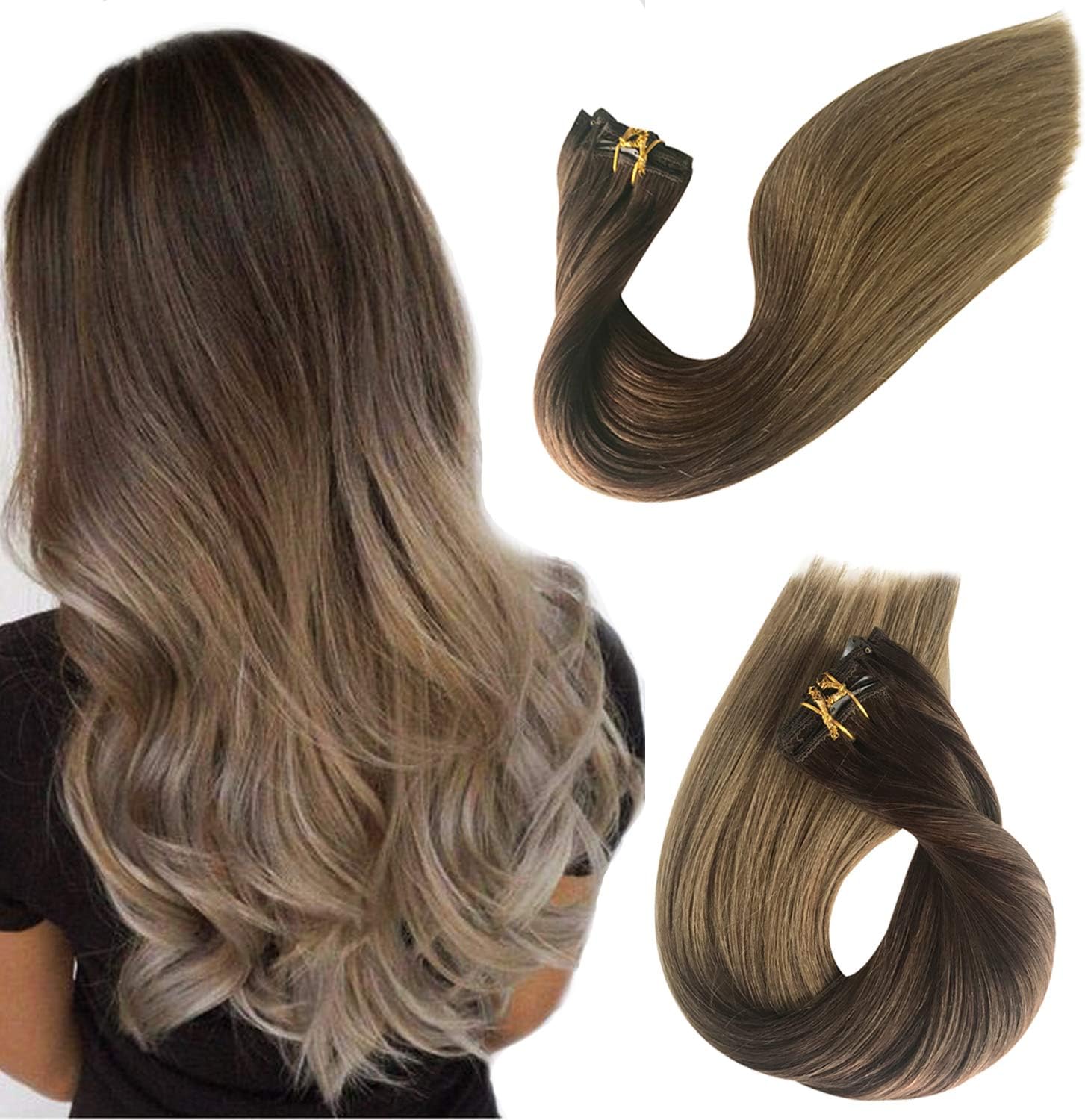 Ombre Clip in Human Hair Extensions Double Weft Clip on Real Remy Hair Extensions for Women Full Head Silky Straight Glueless Medium Brown to Ash Brown Thick From Top to End 120g 7pcs 17 Clips 16 Inch