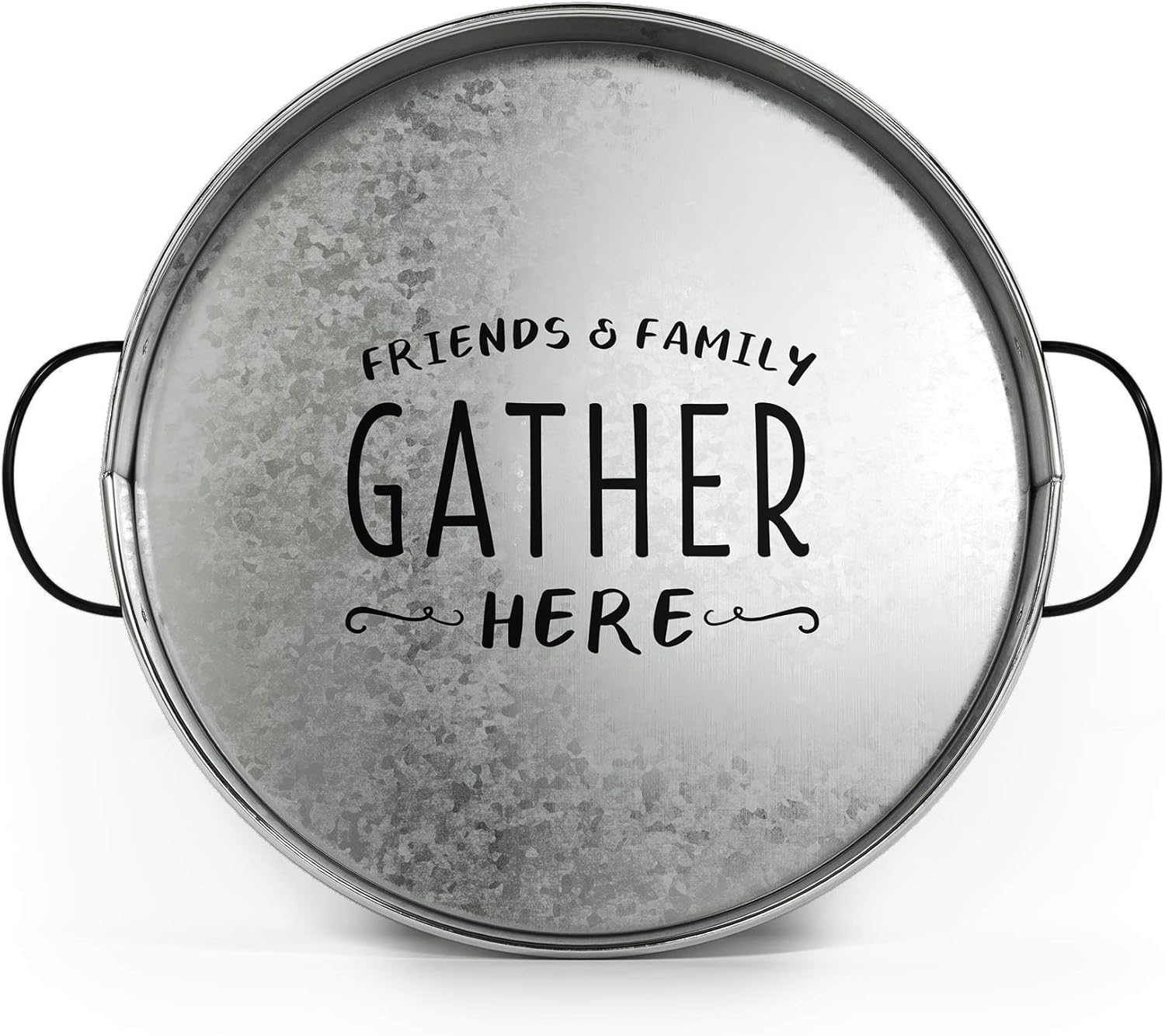Barnyard Designs Decorative Farmhouse Round Metal Tray with Handle, Serving Tray for Coffee Table, Rustic Ottoman Decor, Silver, Small, 12”: Kitchen & Dining