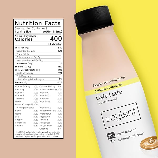 SOYLENT COMPLETE COFFEE MEAL REPLACEMENT SHAKE, CAFÉ LATTE, READY-TO-DRINK PLANT BASED CAFFEINATED PROTEIN SHAKE, CONTAINS 20G VEGAN PROTEIN AND 1G SUGAR, 14OZ (SINGLE BOTTLE)