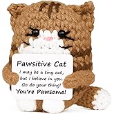 RYOTKIK Positive Crochet Cat Mini Animal Emotional Cheer Up Support Gifts, Funny Crochet Mini Handmade Cat for Women Men Friends Mom Birthday Mothers Day Decor Graduation Gifts (Brown)