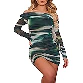 ABMOIU Women's Sexy Off Shoulder Long Sleeve Mini Dress Party Club Ruched Print Bodycon Dresses