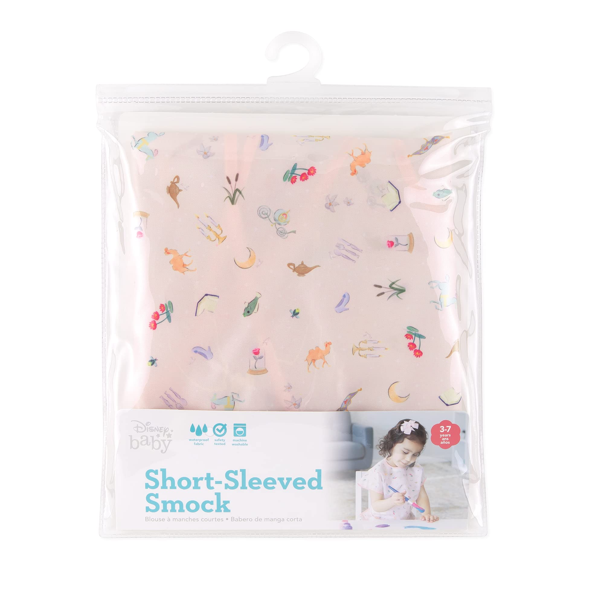 Bumkins Disney Short Sleeve Smock, Toddler Reusable Waterproof Bib for Girls and Boys 3-7 Years, Junior Childrens, Kids Paint Apron, Arts, Crafts, Play with Pocket, Soft Fabric, Princess Magic Pink