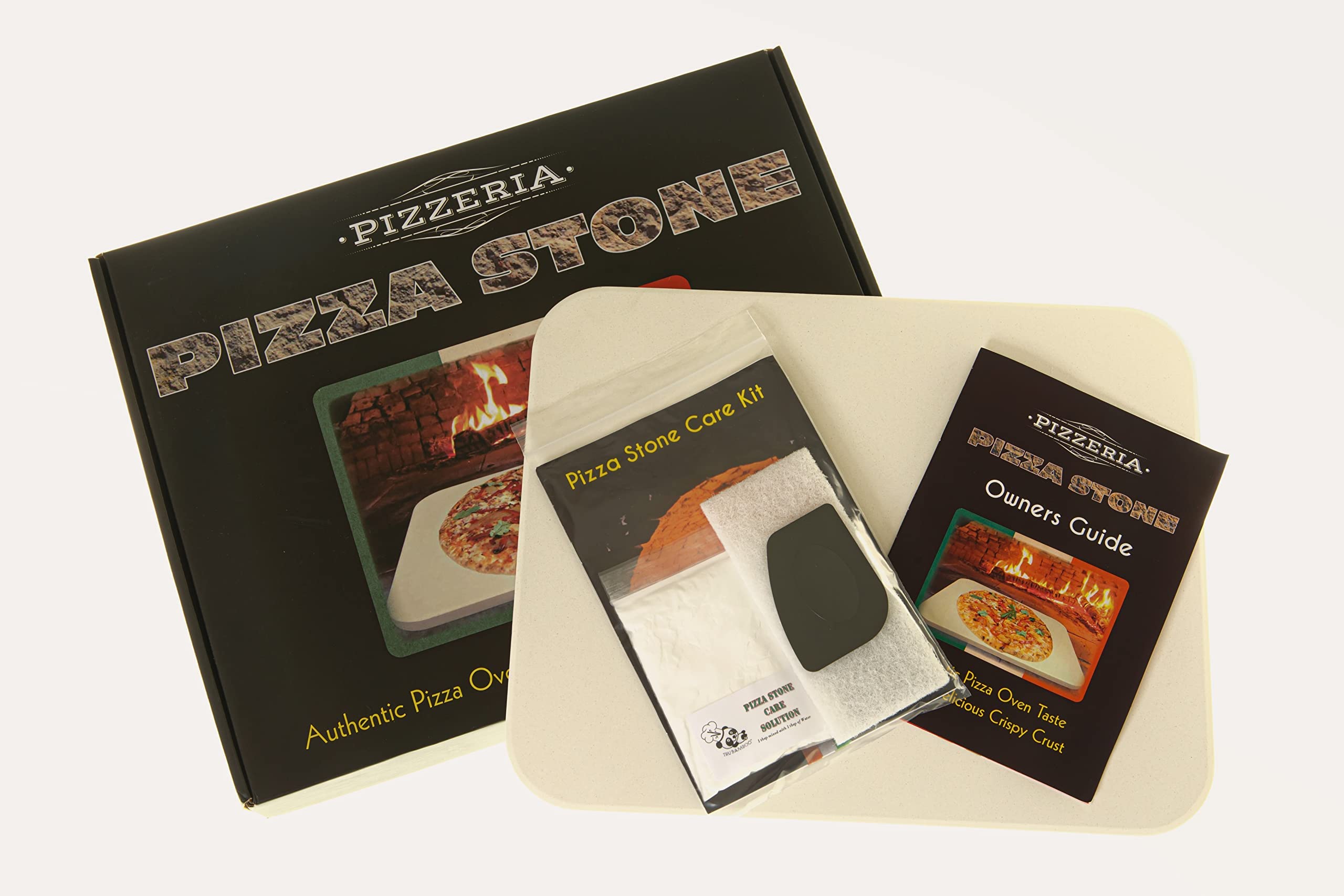 Best #1 Cordierite Pizza Baking Stone for Authentic Crisp Pizzeria Taste | Oven Professional Stoneware/bakeware Unique Five-Piece Cleaning Care kit | Rectangular Pizza Plate in Attractive Gift Box