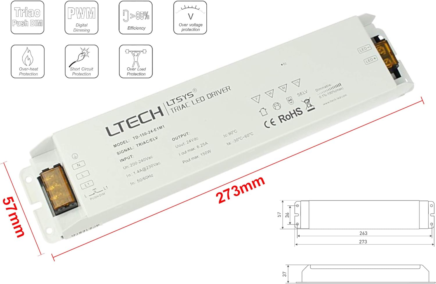 LEDLUX CD2150 Dimmable Power Supply CV 24V 150W Triac ELV Button N.O