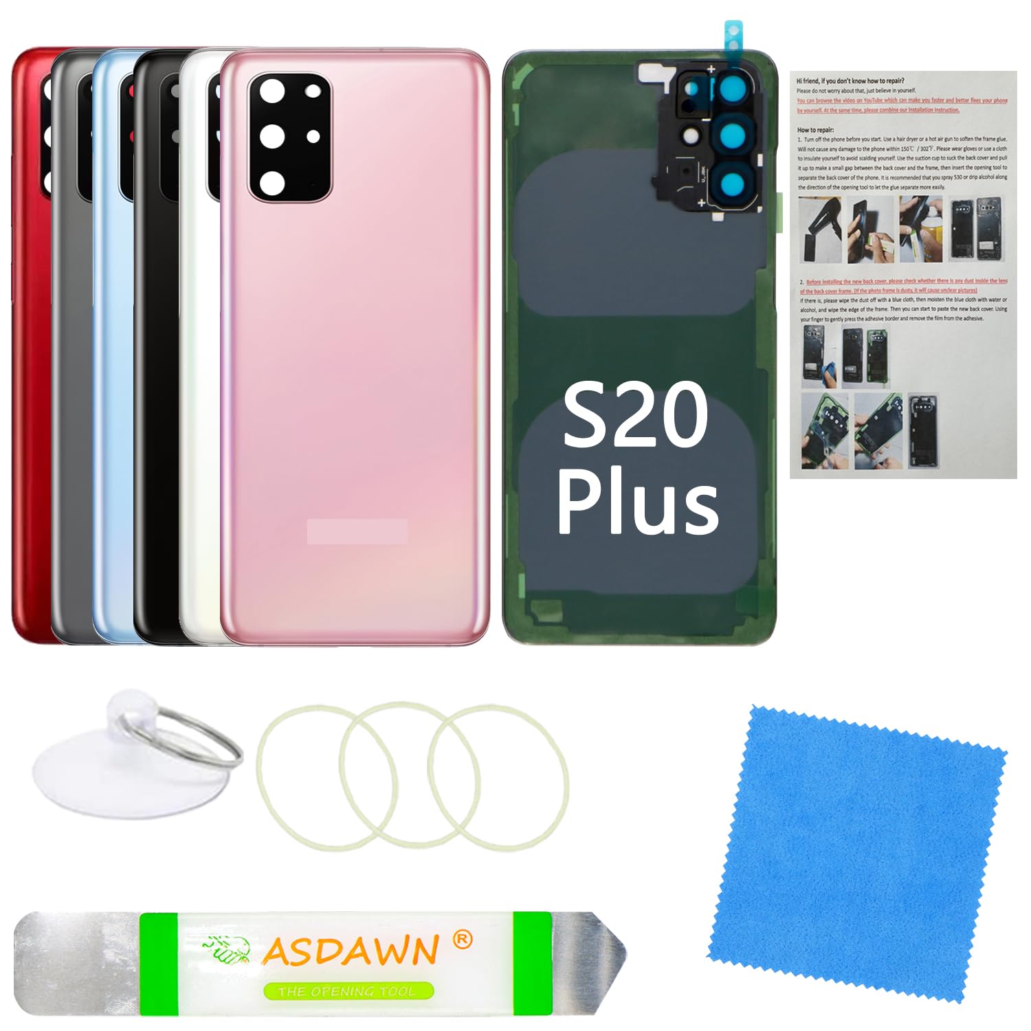 Photo 1 of Galaxy S20+ Back Glass Cover Replacement with Pre-Installed Camera Lens + All The Adhesive + Repair Tool Kit for Samsung Galaxy S20 Plus 5G SM-G985 SM-G986 All Carriers (Cloud Pink)
