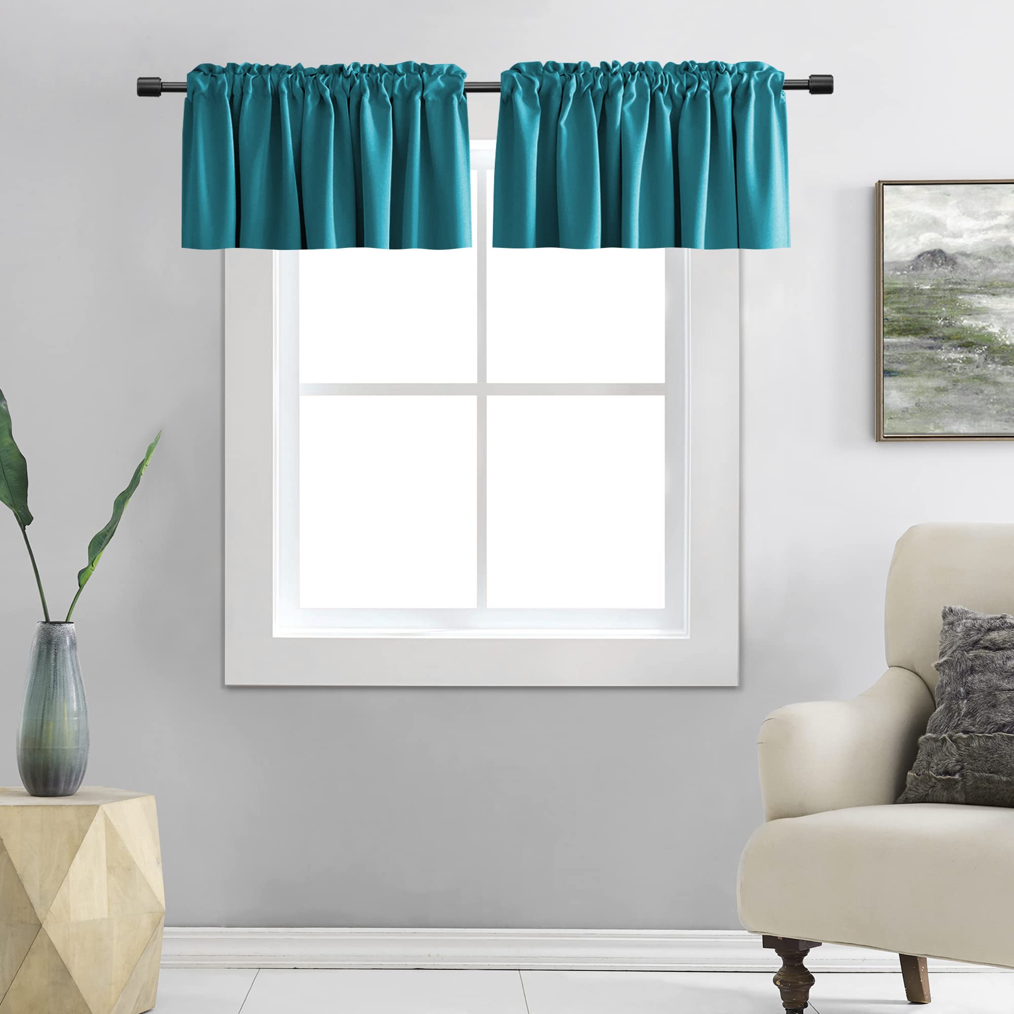 DONREN Teal Window Curtain Valances for Kitchen - Room Darkening Valances for Window with Rod Pocket (42 by 15 Inch,2 Panels)