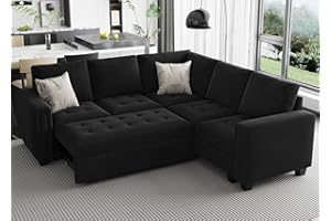 Belffin Modular Sectional Sleeper Sofa with Pull Out Couch Bed Velvet Convertible L Shaped Sectional Couch for Living Room Apartment Black