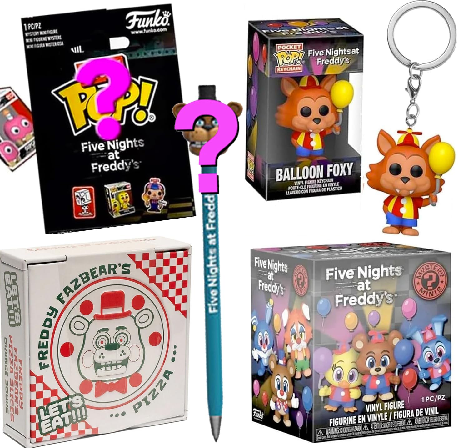 Photo 1 of Fight Freddy's Foxy Five Nights Survive Fight Battle Pocket Pop! Figure Hanger Balloon Pocket Circus + Minis Carnival + Bitty + Security Breach Pizza tin & Terror Topper 5 Items