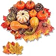 DomeStar 50 PCS Thanksgiving Artificial Pumpkins and Gourds Set Fall Decorations for Home, 8 PCS Fake Pumpkins, 12 PCS Pinecones and Acorns, 30 PCS Fake Maple Leaves Fall Wedding Tables Centerpieces